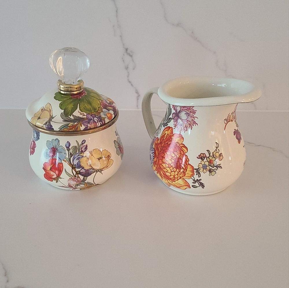 MacKenzie-Childs  White Flower Market sugar bowl and creamer .